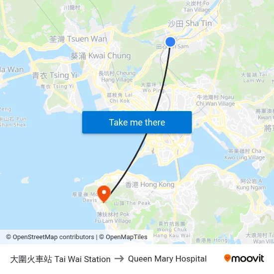 Tai Wai Station to Queen Mary Hospital map