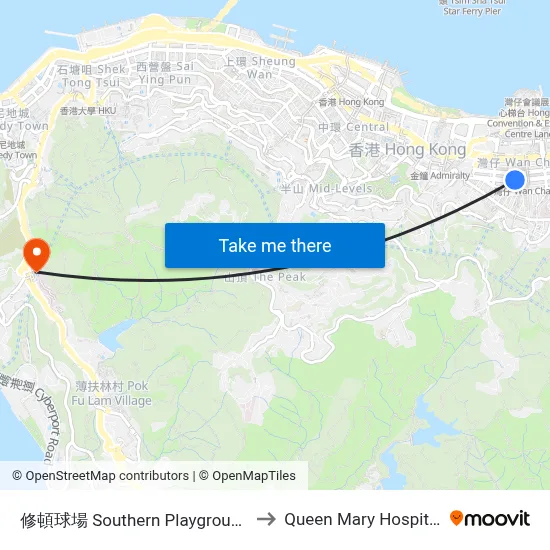 Southern Playground to Queen Mary Hospital map