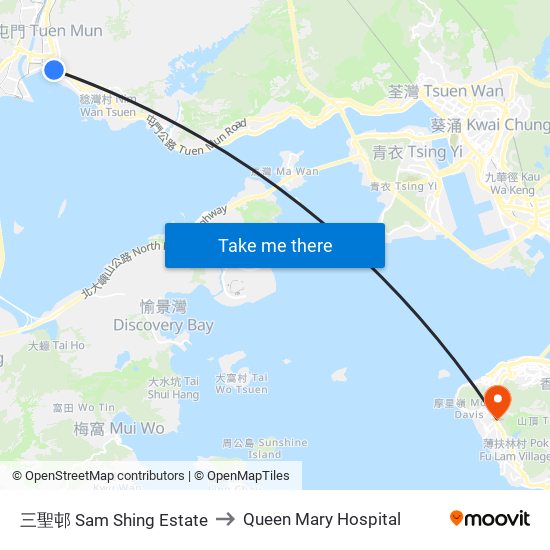 三聖邨 Sam Shing Estate to Queen Mary Hospital map