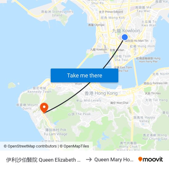 伊利沙伯醫院 Queen Elizabeth Hospital to Queen Mary Hospital map