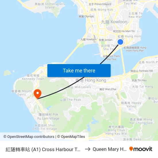 紅隧轉車站 (A1) Cross Harbour Tunnel Bbi (A1) to Queen Mary Hospital map