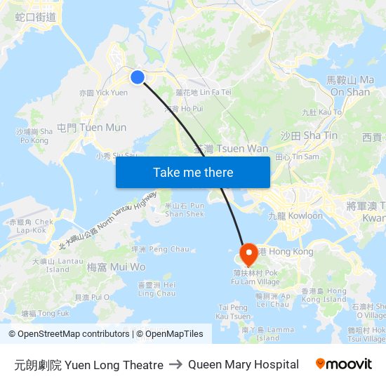 元朗劇院 Yuen Long Theatre to Queen Mary Hospital map