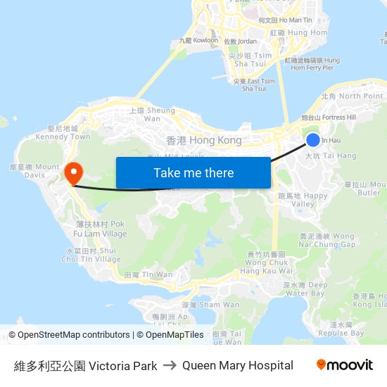 維多利亞公園 Victoria Park to Queen Mary Hospital map