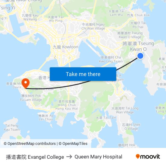 播道書院 Evangel College to Queen Mary Hospital map