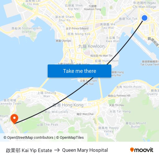 啟業邨 Kai Yip Estate to Queen Mary Hospital map