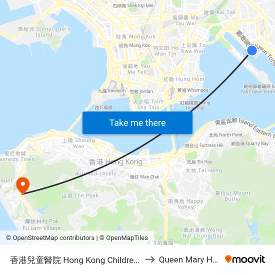 Hong Kong Children's Hospital to Queen Mary Hospital map