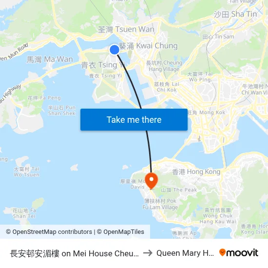 On Mei House Cheung On Estate to Queen Mary Hospital map