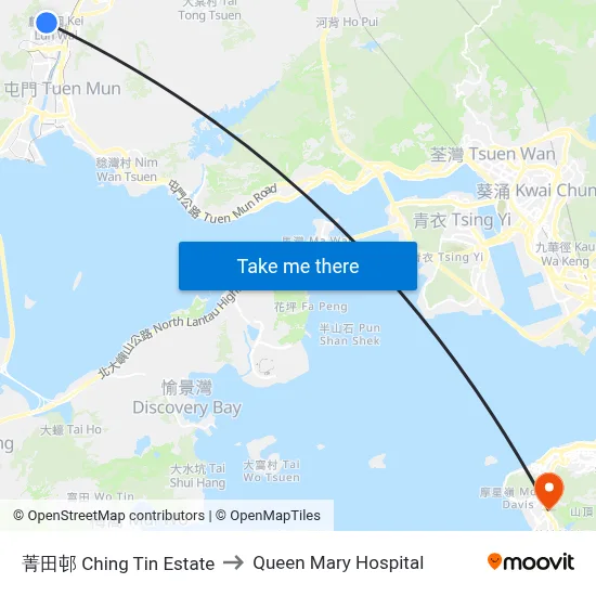 菁田邨 Ching Tin Estate to Queen Mary Hospital map