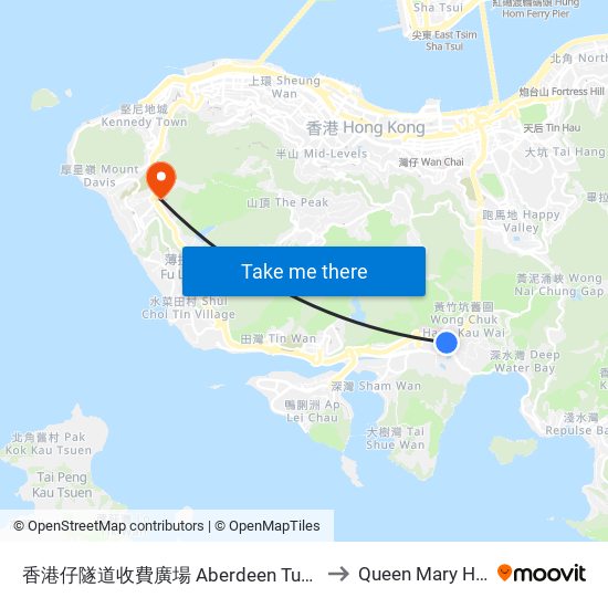 香港仔隧道收費廣場 Aberdeen Tunnel Toll Plaza to Queen Mary Hospital map