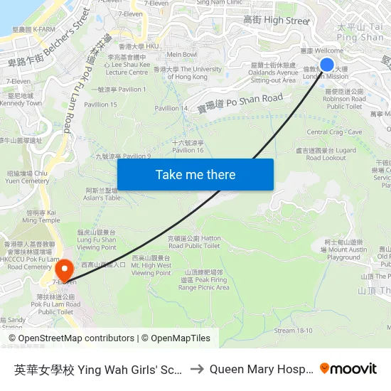 Ying Wah Girls' School to Queen Mary Hospital map