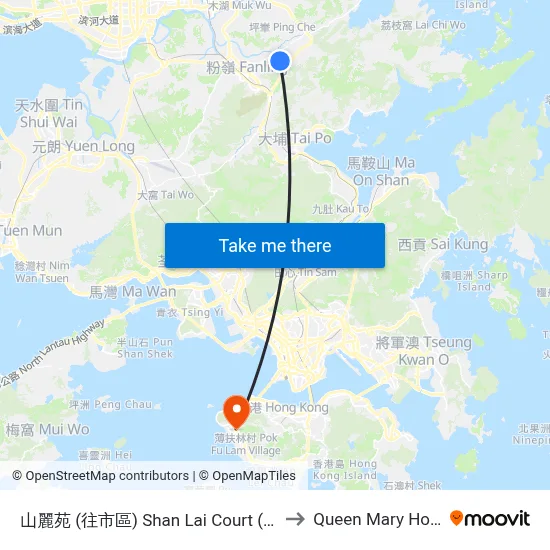 Shan Lai Court (To Urban) to Queen Mary Hospital map