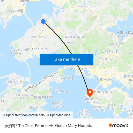 天澤邨 Tin Chak Estate to Queen Mary Hospital map