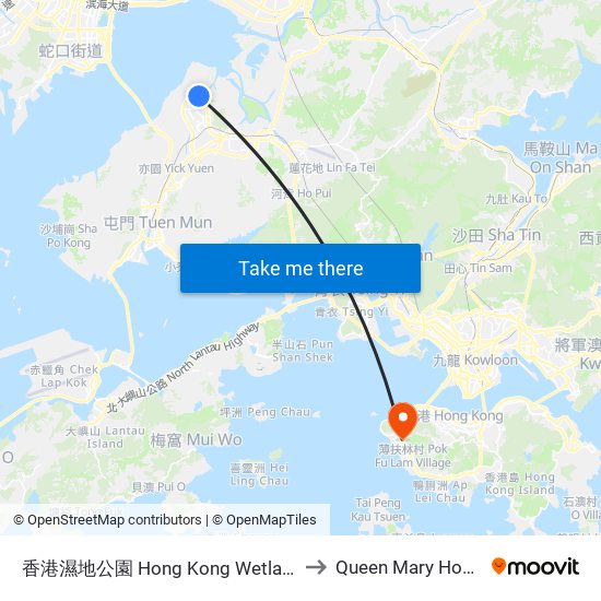 香港濕地公園 Hong Kong Wetland Park to Queen Mary Hospital map