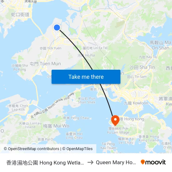 香港濕地公園 Hong Kong Wetland Park to Queen Mary Hospital map