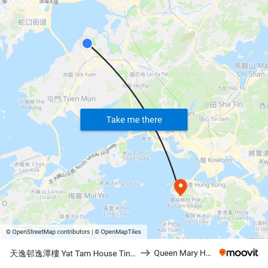 天逸邨逸潭樓 Yat Tam House Tin Yat Estate to Queen Mary Hospital map