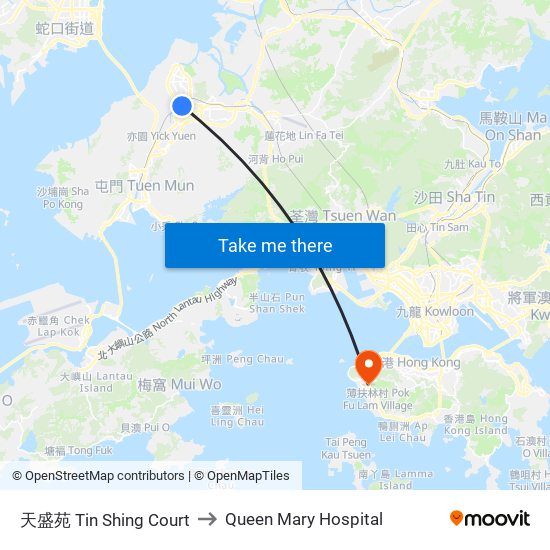 天盛苑 Tin Shing Court to Queen Mary Hospital map