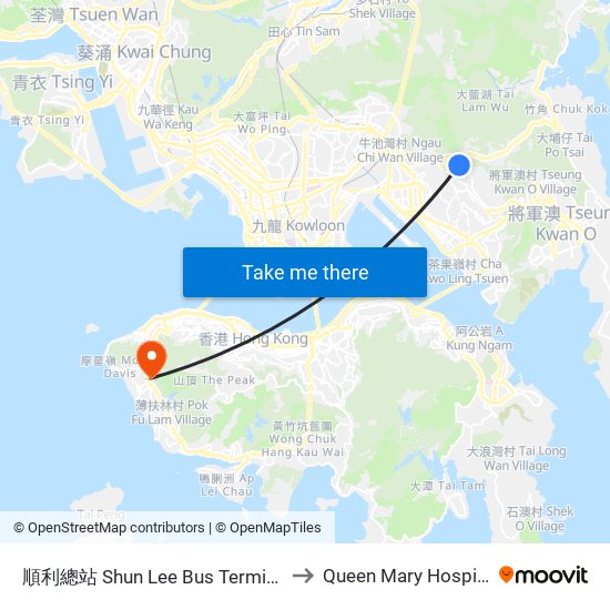 順利總站 Shun Lee Bus Terminus to Queen Mary Hospital map