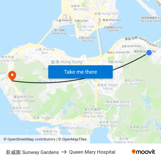 Sunway Gardens to Queen Mary Hospital map