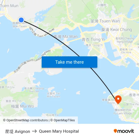 Avignon to Queen Mary Hospital map