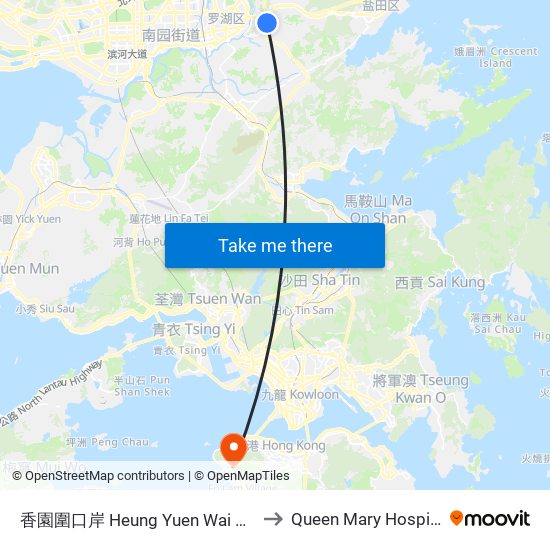 香園圍口岸 Heung Yuen Wai Port to Queen Mary Hospital map