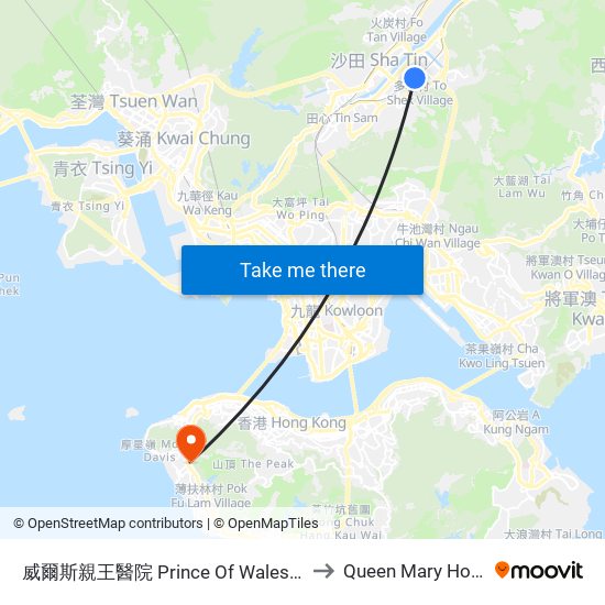 威爾斯親王醫院 Prince Of Wales Hospital to Queen Mary Hospital map