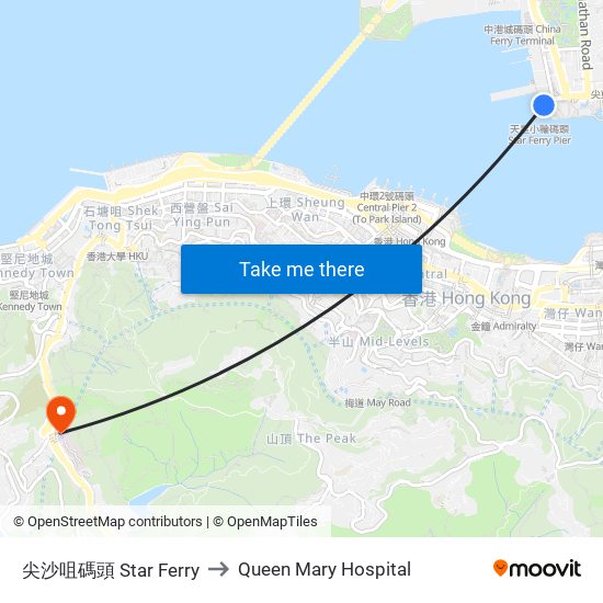 尖沙咀碼頭 Star Ferry to Queen Mary Hospital map