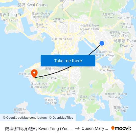 Kwun Tong (Yue Man Square) Bus Terminus to Queen Mary Hospital map