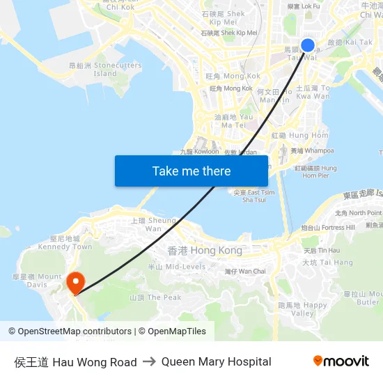 Hau Wong Road to Queen Mary Hospital map