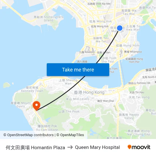 Homantin Plaza to Queen Mary Hospital map