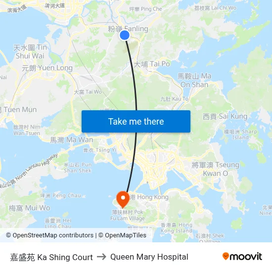 Ka Shing Court to Queen Mary Hospital map