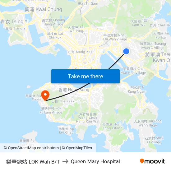 Lok Wah Bus Terminus to Queen Mary Hospital map