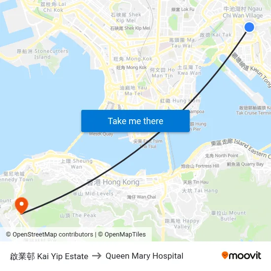 Kai Yip Estate to Queen Mary Hospital map