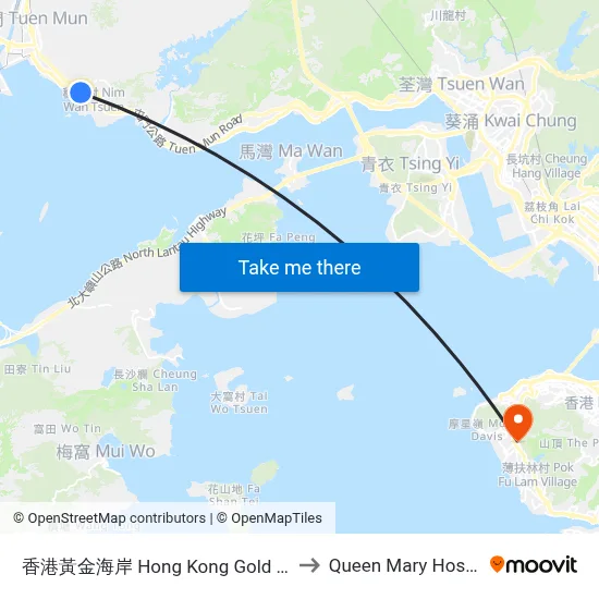 Hong Kong Gold Coast to Queen Mary Hospital map