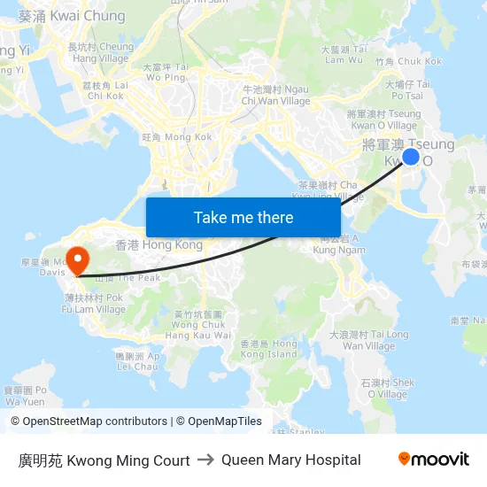 Kwong Ming Court to Queen Mary Hospital map