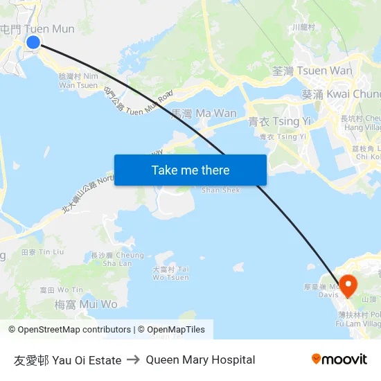 Yau Oi Estate to Queen Mary Hospital map