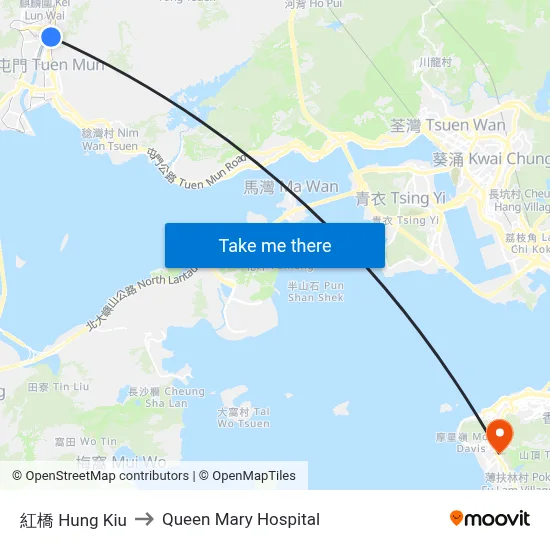 Hung Kiu to Queen Mary Hospital map