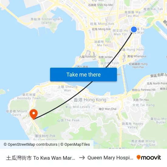 To Kwa Wan Market to Queen Mary Hospital map