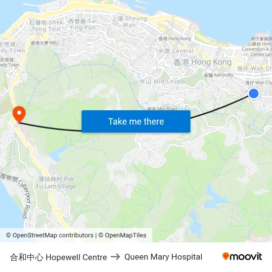 Hopewell Centre to Queen Mary Hospital map
