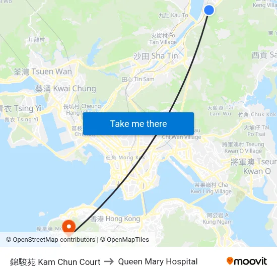 Kam Chun Court to Queen Mary Hospital map