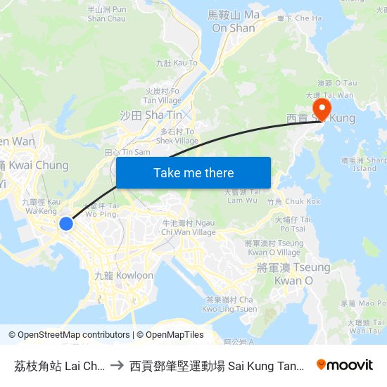 荔枝角站 Lai Chi Kok Station to 西貢鄧肇堅運動場 Sai Kung Tang Shiu Kin Sports Ground map