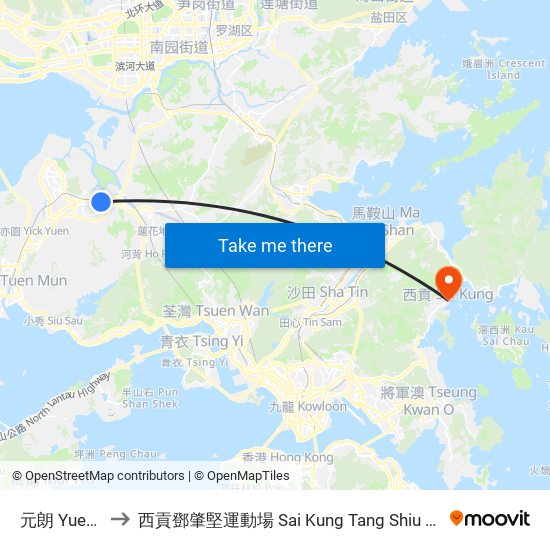 元朗 Yuen Long to 西貢鄧肇堅運動場 Sai Kung Tang Shiu Kin Sports Ground map