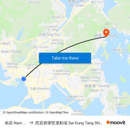 南昌 Nam Cheong to 西貢鄧肇堅運動場 Sai Kung Tang Shiu Kin Sports Ground map