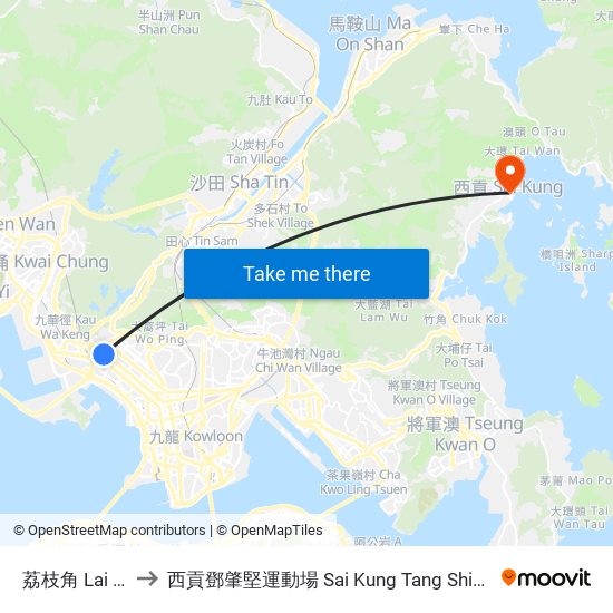 荔枝角 Lai Chi Kok to 西貢鄧肇堅運動場 Sai Kung Tang Shiu Kin Sports Ground map