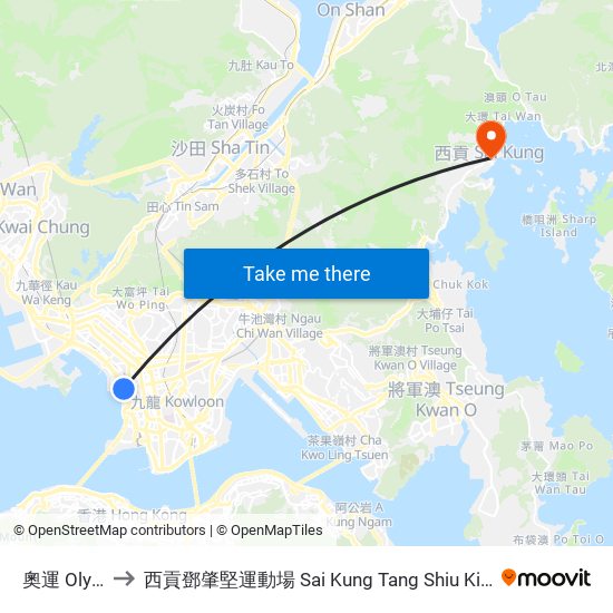 奧運 Olympic to 西貢鄧肇堅運動場 Sai Kung Tang Shiu Kin Sports Ground map