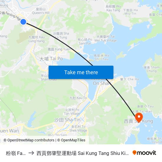 粉嶺 Fanling to 西貢鄧肇堅運動場 Sai Kung Tang Shiu Kin Sports Ground map