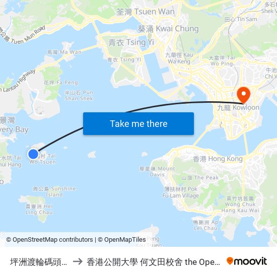 坪洲渡輪碼頭 Peng Chau Ferry Pier to 香港公開大學 何文田校舍 the Open University Of Hong Kong Ho Man Tin Campus map