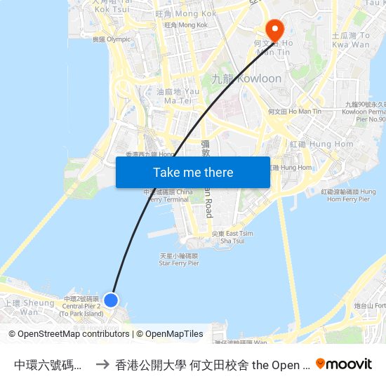 中環六號碼頭 Central Pier No. 6 to 香港公開大學 何文田校舍 the Open University Of Hong Kong Ho Man Tin Campus map