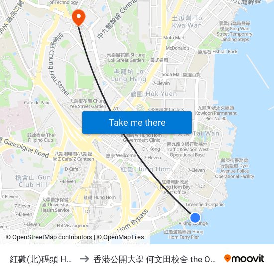 紅磡(北)碼頭 Hung Hom (North) Ferry Pier to 香港公開大學 何文田校舍 the Open University Of Hong Kong Ho Man Tin Campus map
