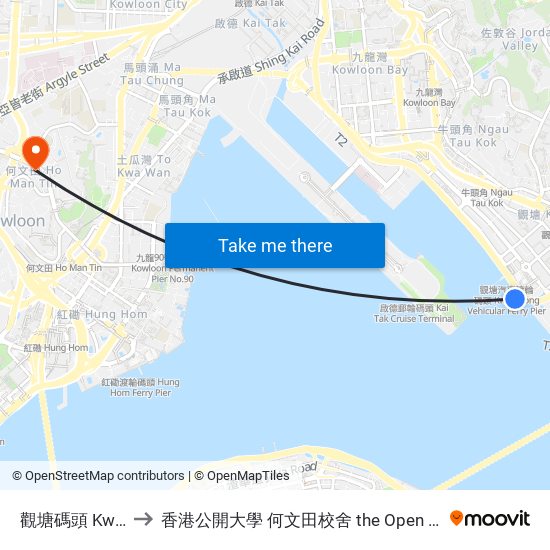 觀塘碼頭 Kwun Tong Ferry Pier to 香港公開大學 何文田校舍 the Open University Of Hong Kong Ho Man Tin Campus map