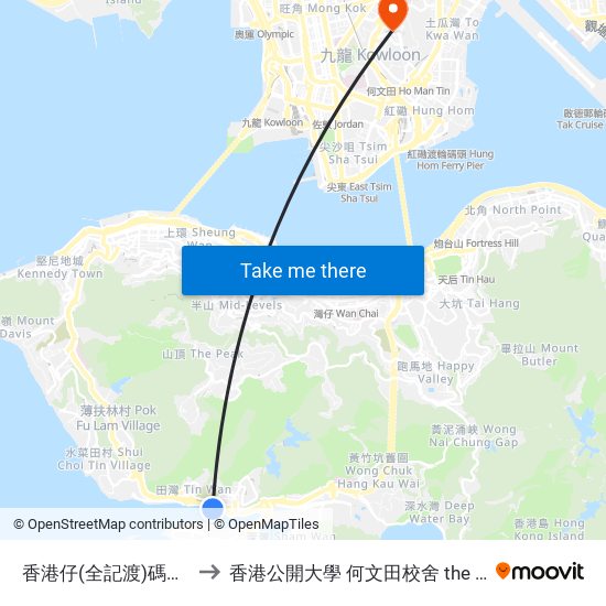 香港仔(全記渡)碼頭 Aberdeen Pier (Chuen Kee Ferry) to 香港公開大學 何文田校舍 the Open University Of Hong Kong Ho Man Tin Campus map